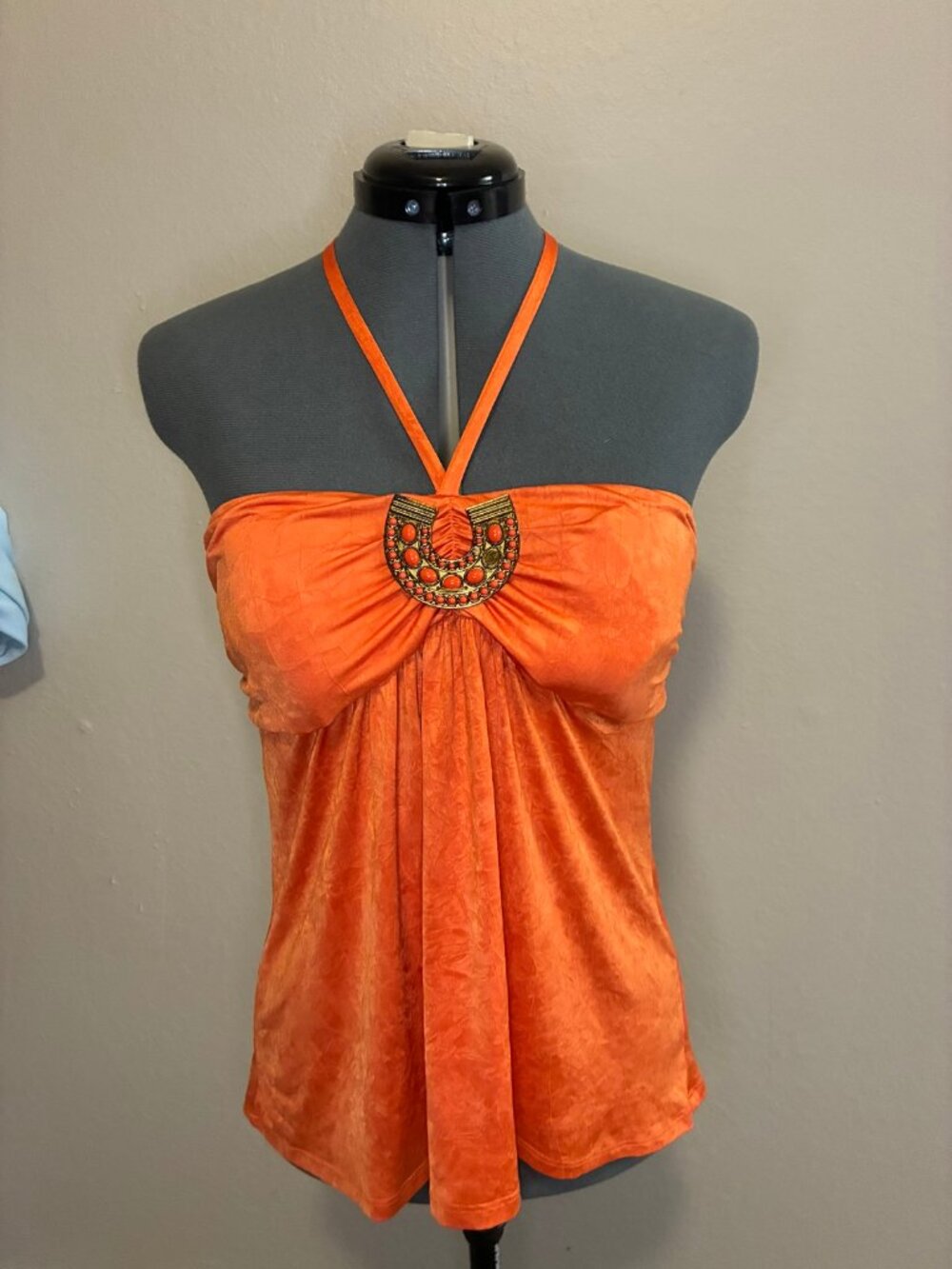IZ Byer Coral Halter Top Size XL Jeweled Medallion